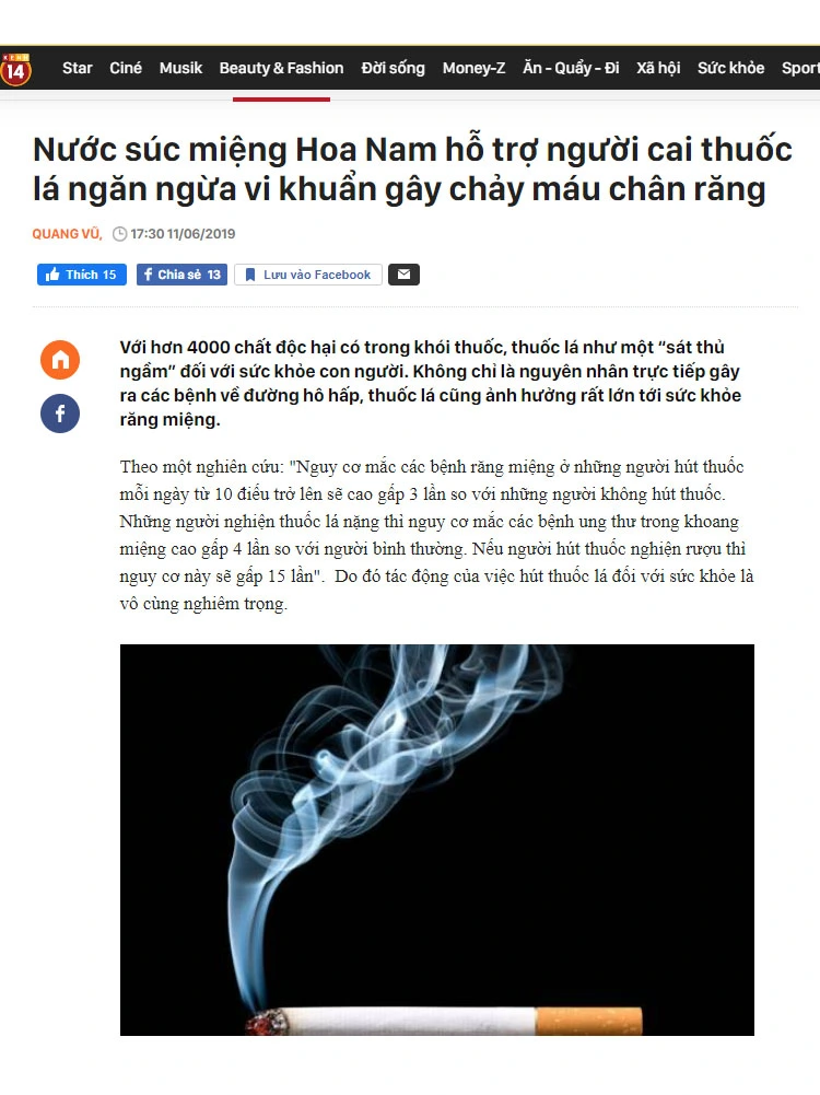 Báo kênh 14 đưa tin về sản phẩm cai thuốc lá hoa nam
